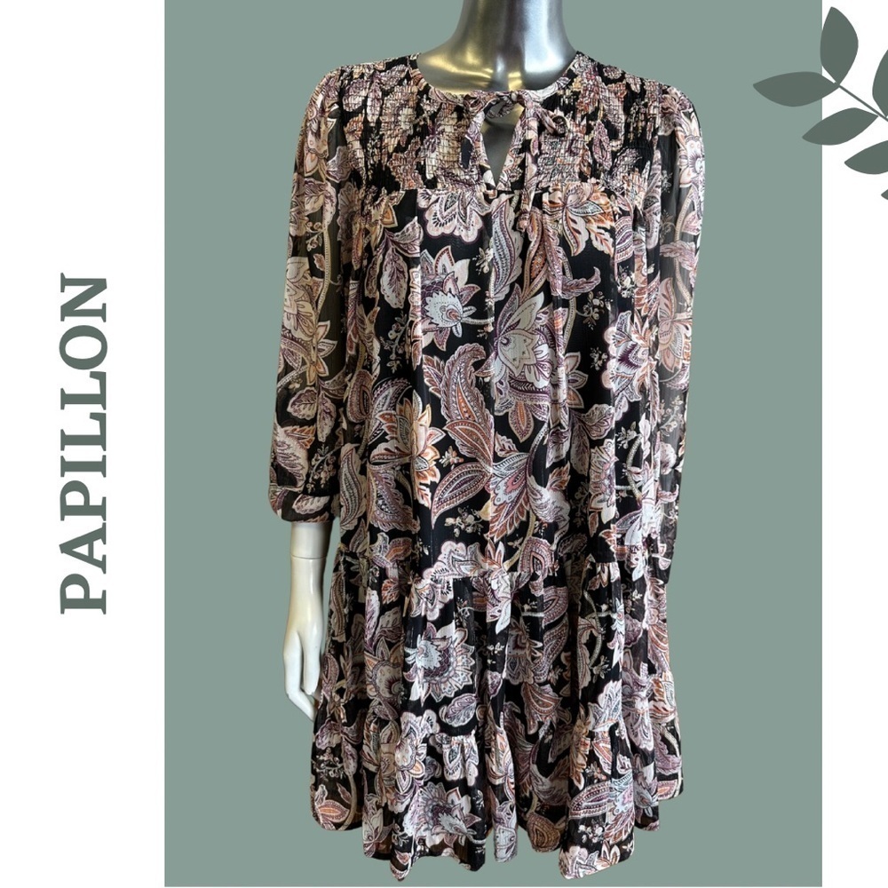 Papillon Paisley Lurex Georgette Tiered Dress Mini Long Sleeve Black Size Small - Picture 3 of 9